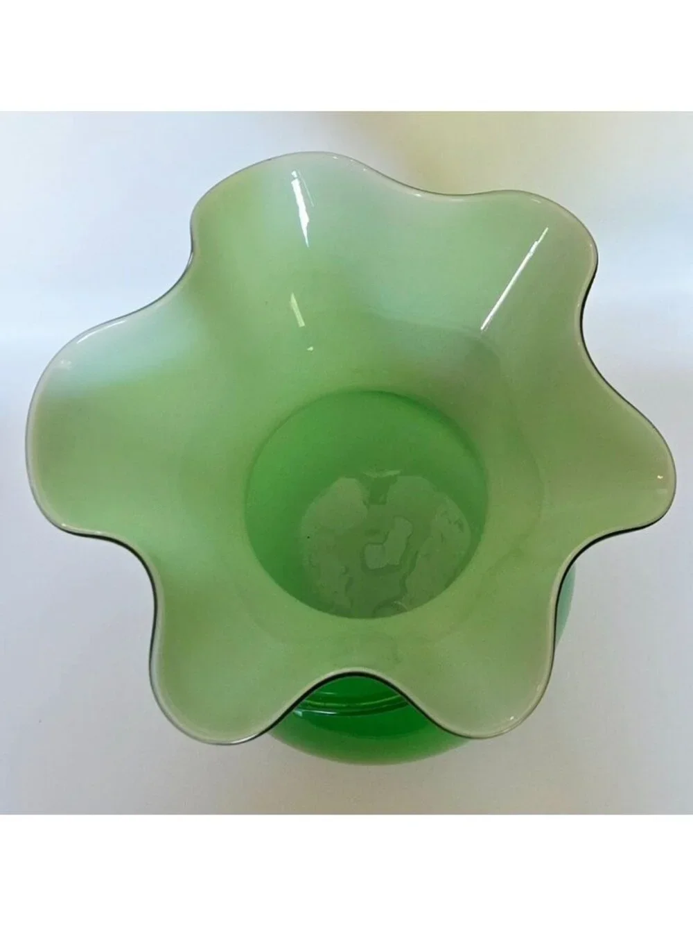 Large Hand-Blown Green Glass Vase With Yellow Flower Rose Accent & Ruffled Rim